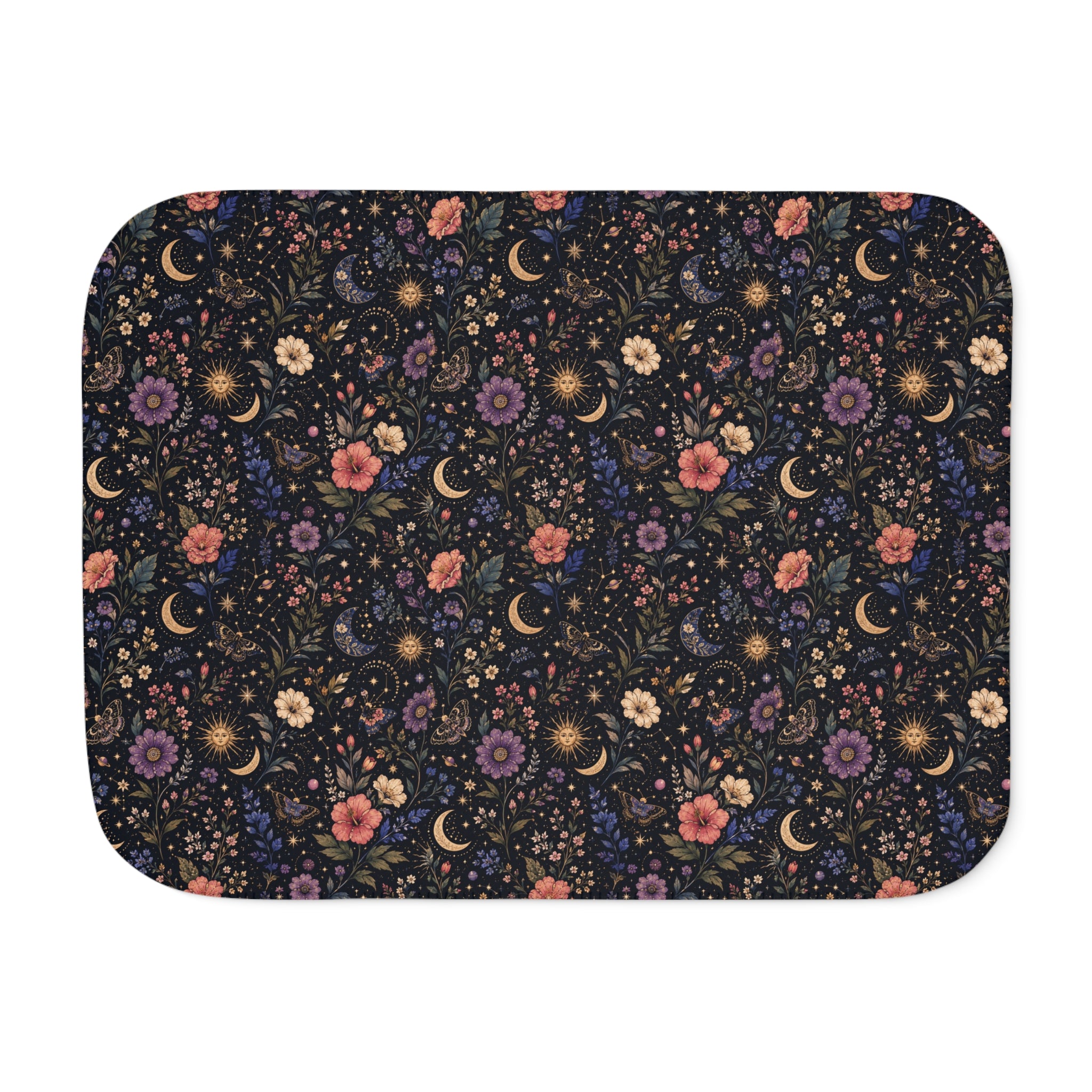 Celestial Floral Pattern Sherpa Blanket | Moon and Flowers | Grey White Tan