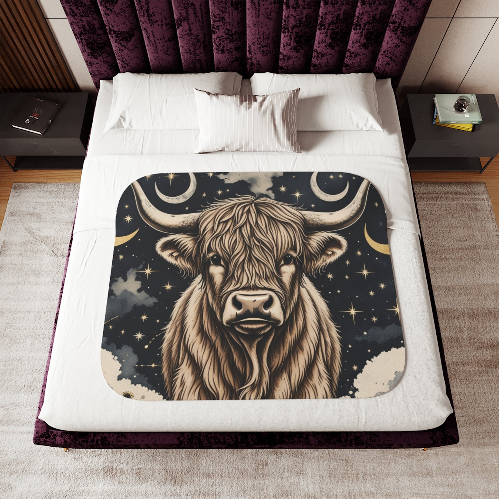 Highland Cow Sherpa Blanket – Cozy Celestial Bull Throw