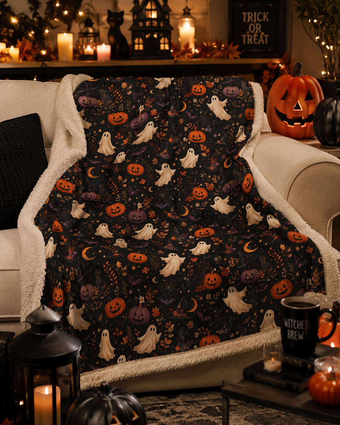 Halloween Ghost & Pumpkin Sherpa Blanket — Cozy Spooky Fleece Throw
