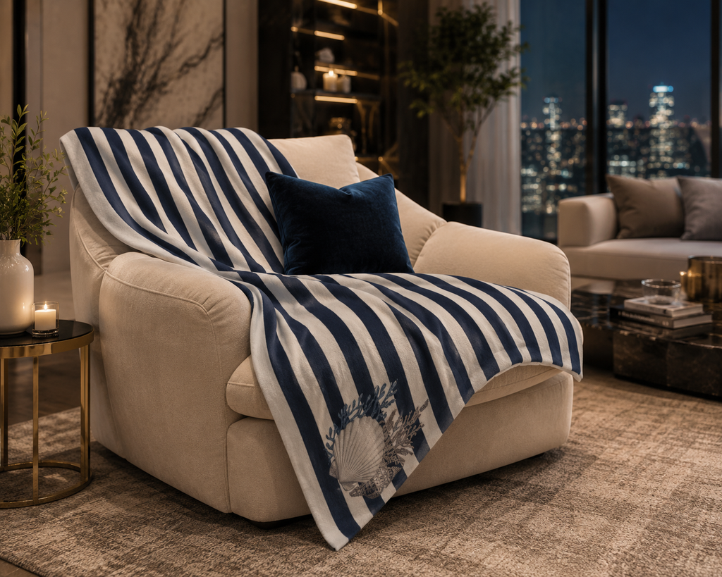 Nautical Striped Velveteen Microfiber Blanket — Coastal Shell Accent