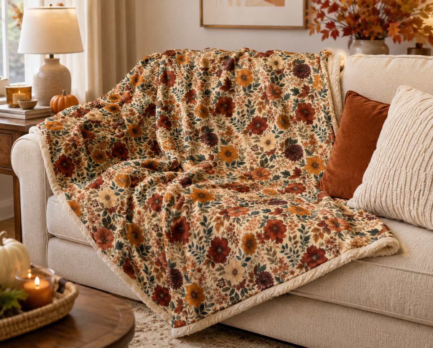 Vintage Autumn Floral Sherpa Blanket