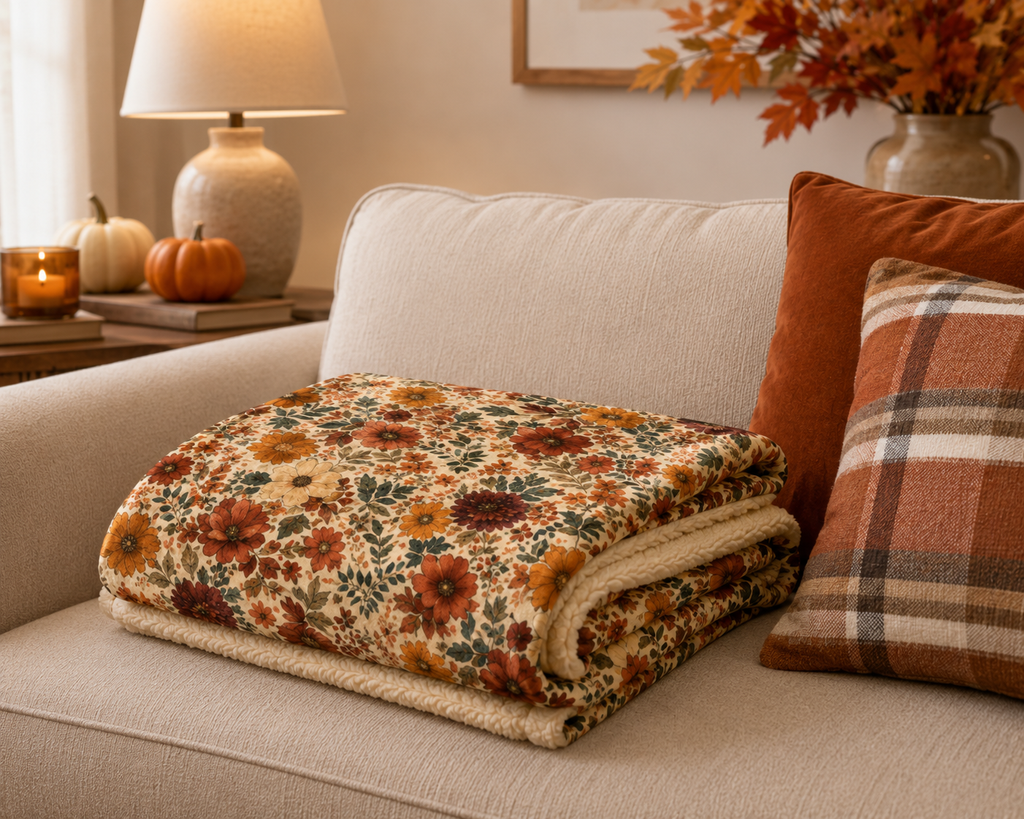 Vintage Autumn Floral Sherpa Blanket