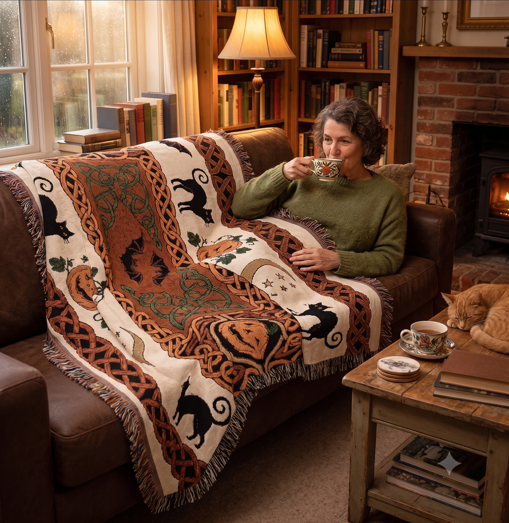Jack-o'-Lantern Cats and Bats Woven Throw