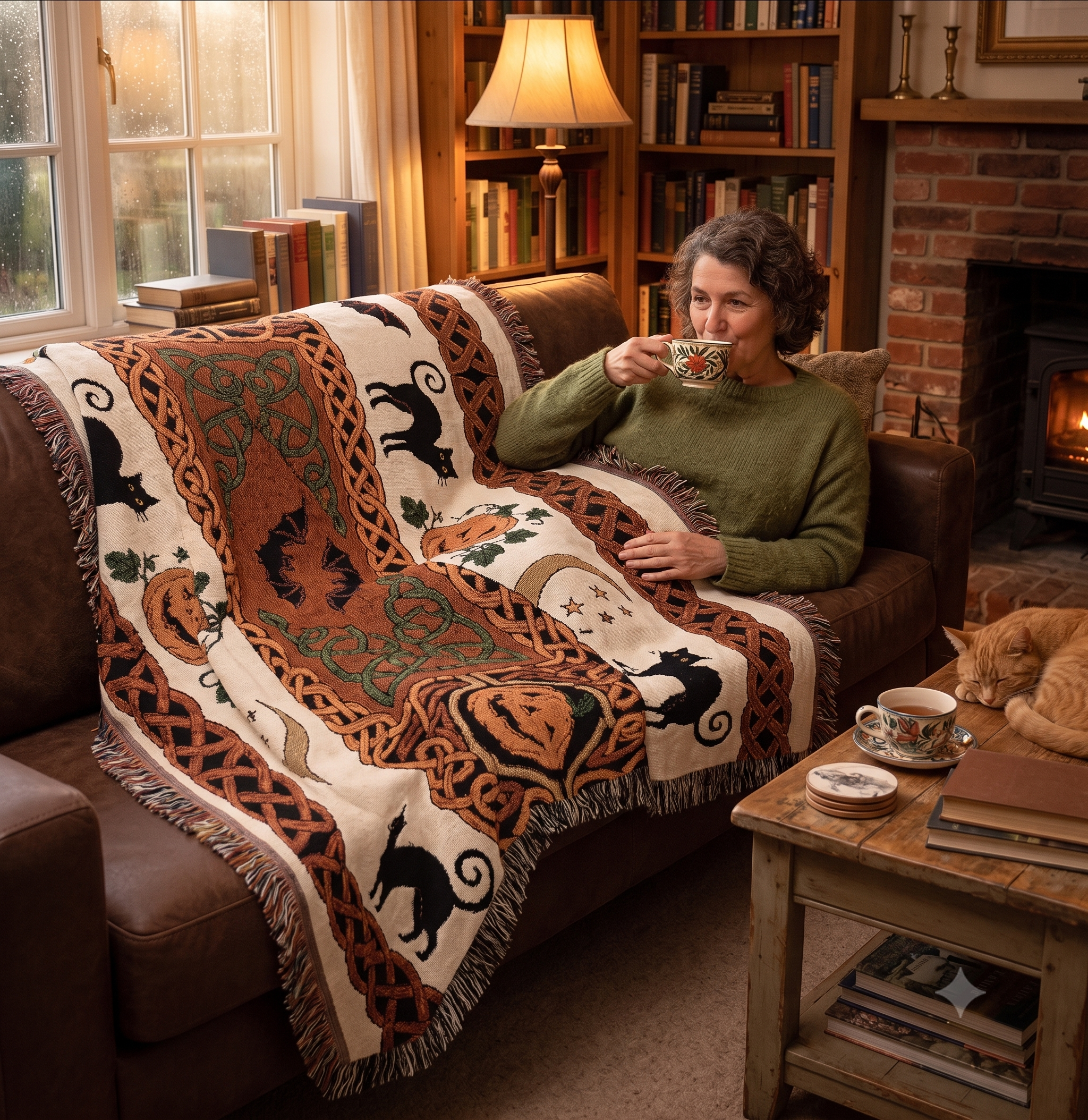 Jack-o'-Lantern Cats and Bats Woven Throw