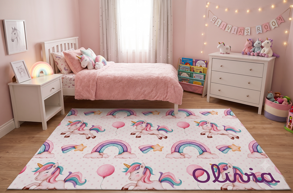 Personalized Pink Rainbow Unicorn Pattern Washable Rug | Personalized Name Option