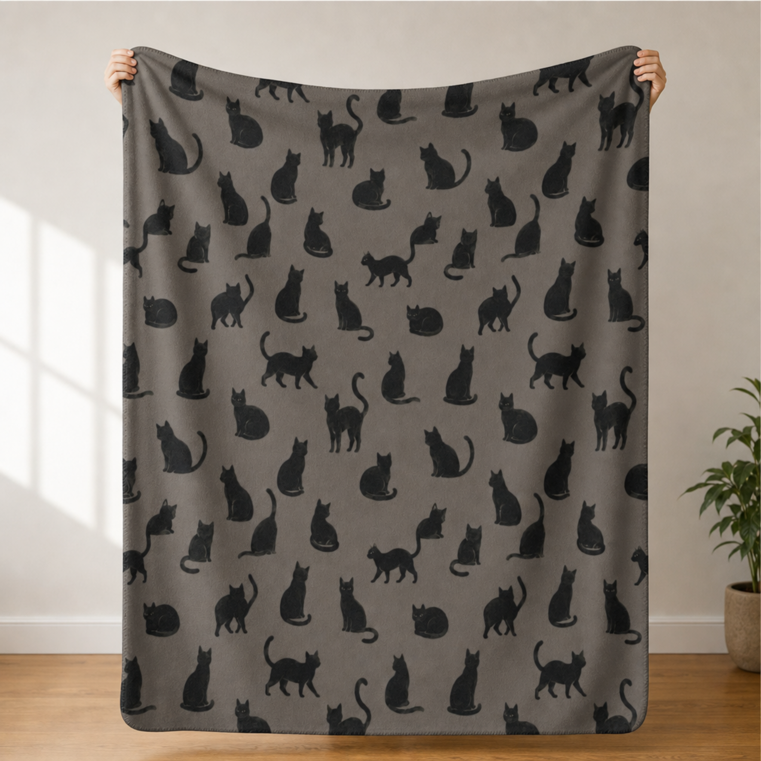 Black Cat Silhouette Pattern Sherpa Fleece Blanket | Halloween Blanket