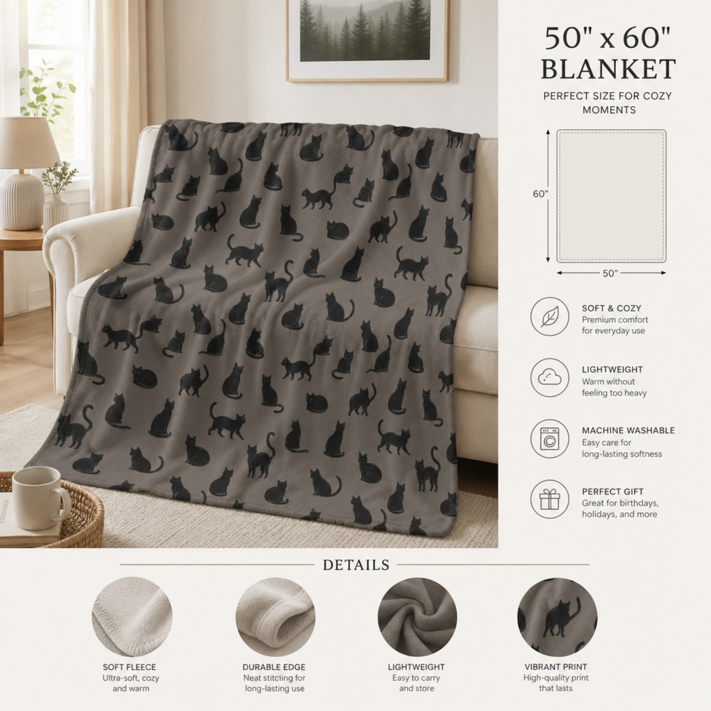 Black Cat Silhouette Pattern Sherpa Fleece Blanket | Halloween Blanket