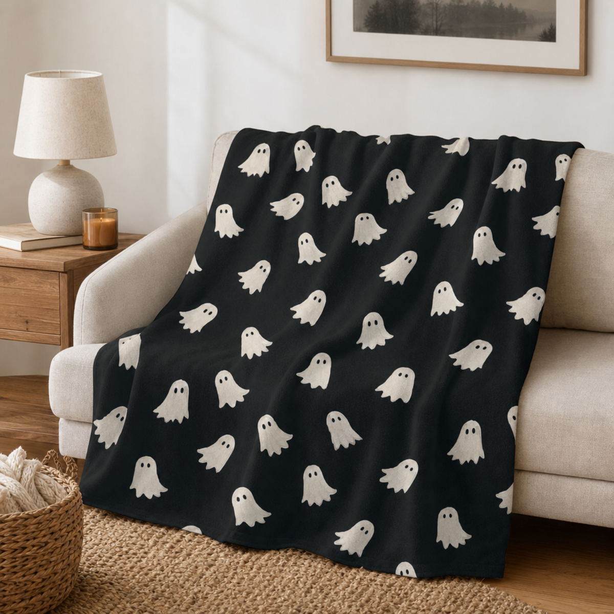 Cute Ghost Pattern Sherpa Blanket | Halloween Black Ghosts