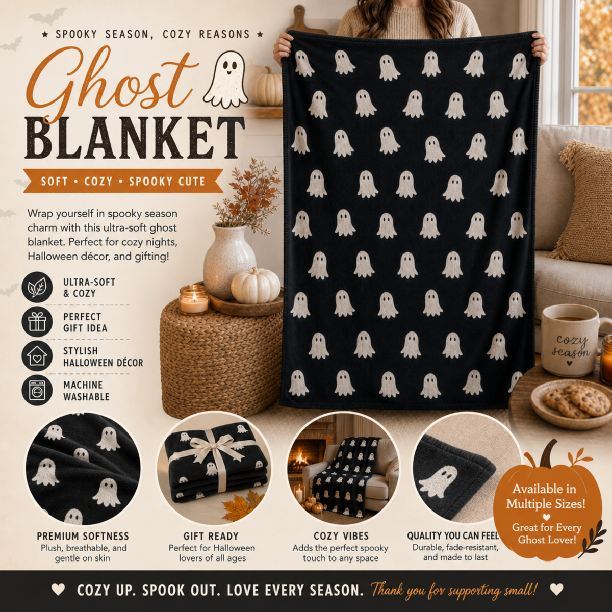 Cute Ghost Pattern Sherpa Blanket | Halloween Black Ghosts