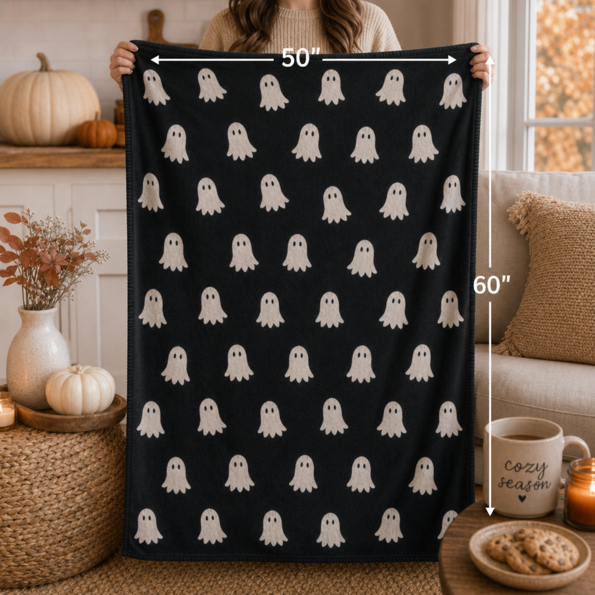 Cute Ghost Pattern Sherpa Blanket | Halloween Black Ghosts