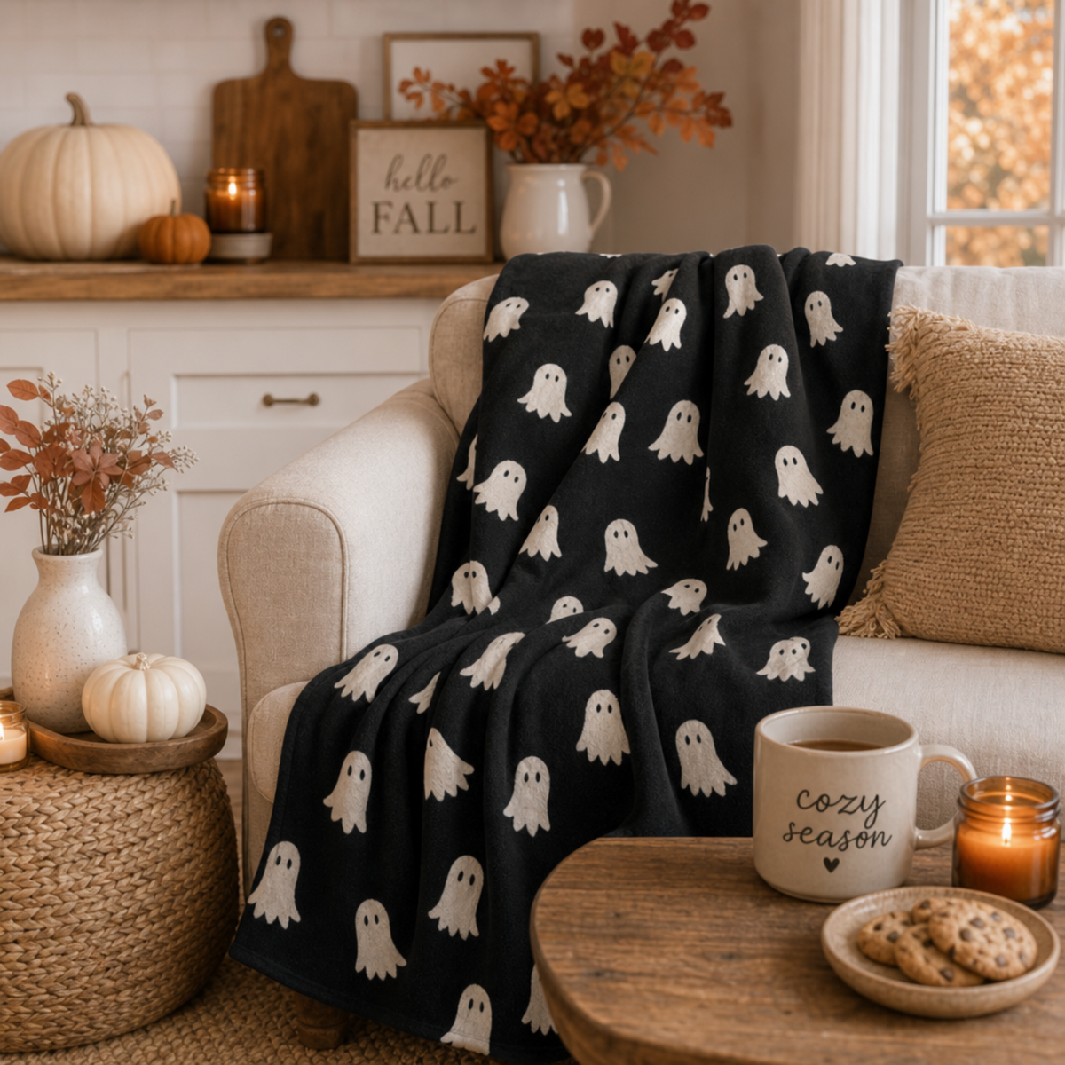 Cute Ghost Pattern Sherpa Blanket | Halloween Black Ghosts