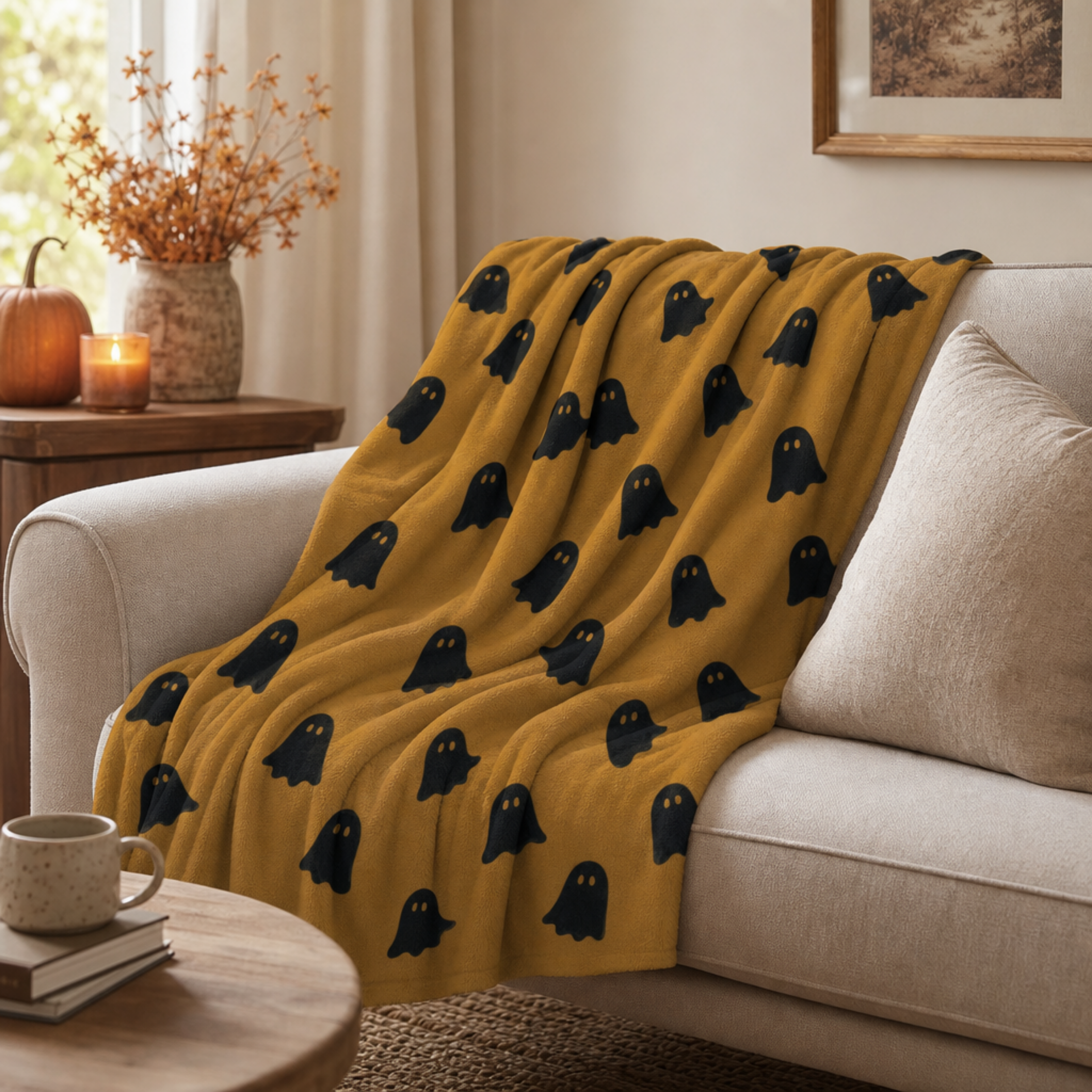 Ghost Pattern Sherpa Blanket | Halloween orange black ghosts