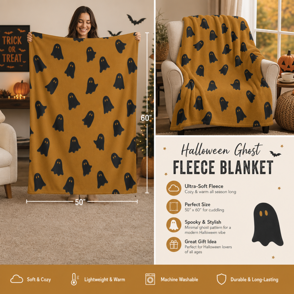 Ghost Pattern Sherpa Blanket | Halloween orange black ghosts