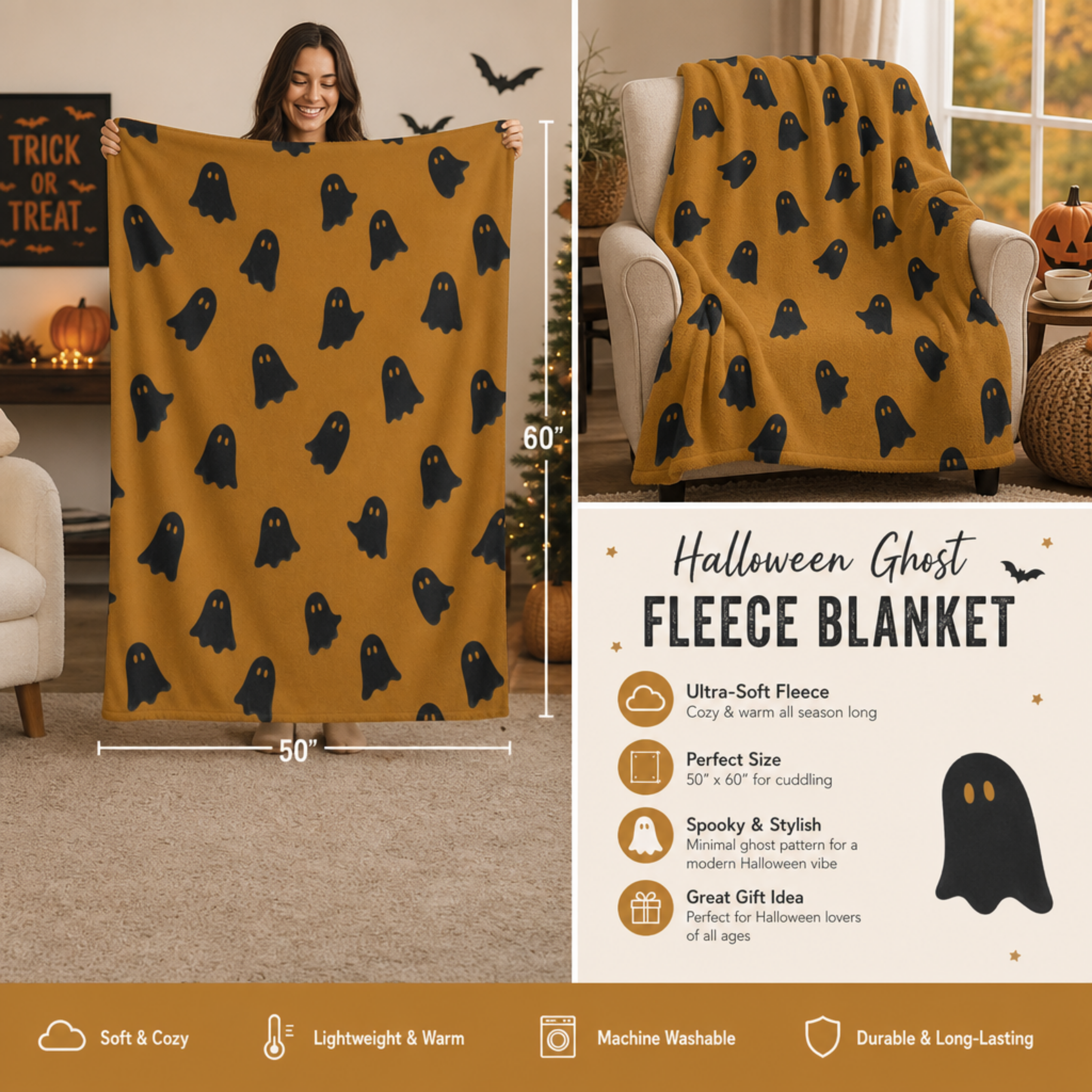 Ghost Pattern Sherpa Blanket | Halloween orange black ghosts