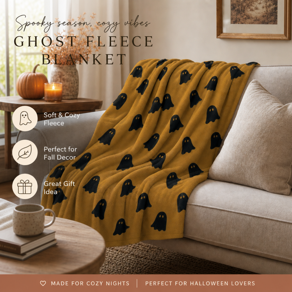 Ghost Pattern Sherpa Blanket | Halloween orange black ghosts