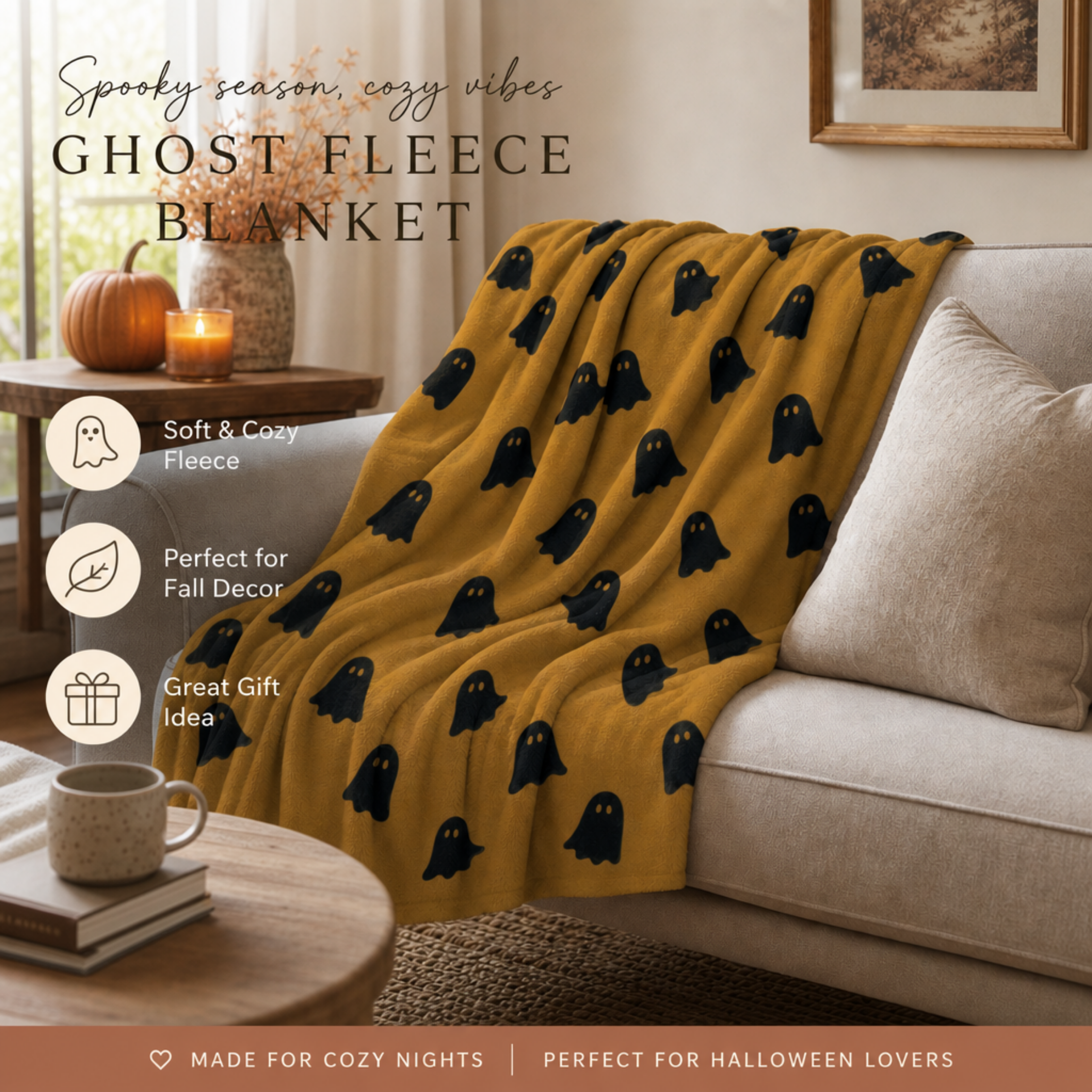 Ghost Pattern Sherpa Blanket | Halloween orange black ghosts