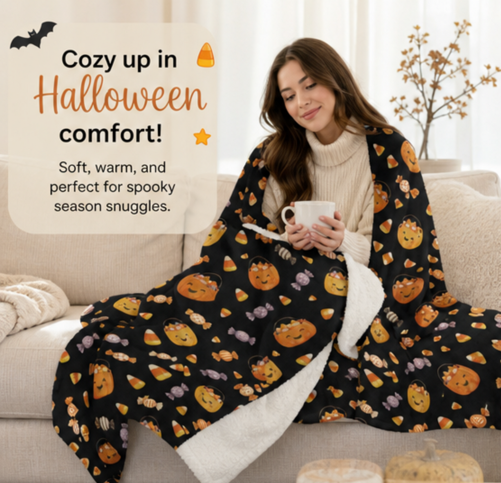 Cute Jack-o'-Lantern Candy Pattern Sherpa Blanket | Halloween Fleece Throw