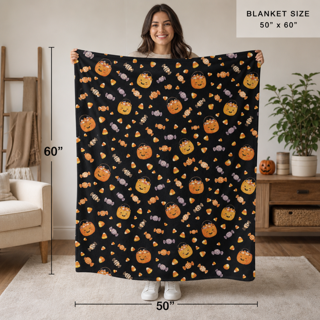Cute Jack-o'-Lantern Candy Pattern Sherpa Blanket | Halloween Fleece Throw