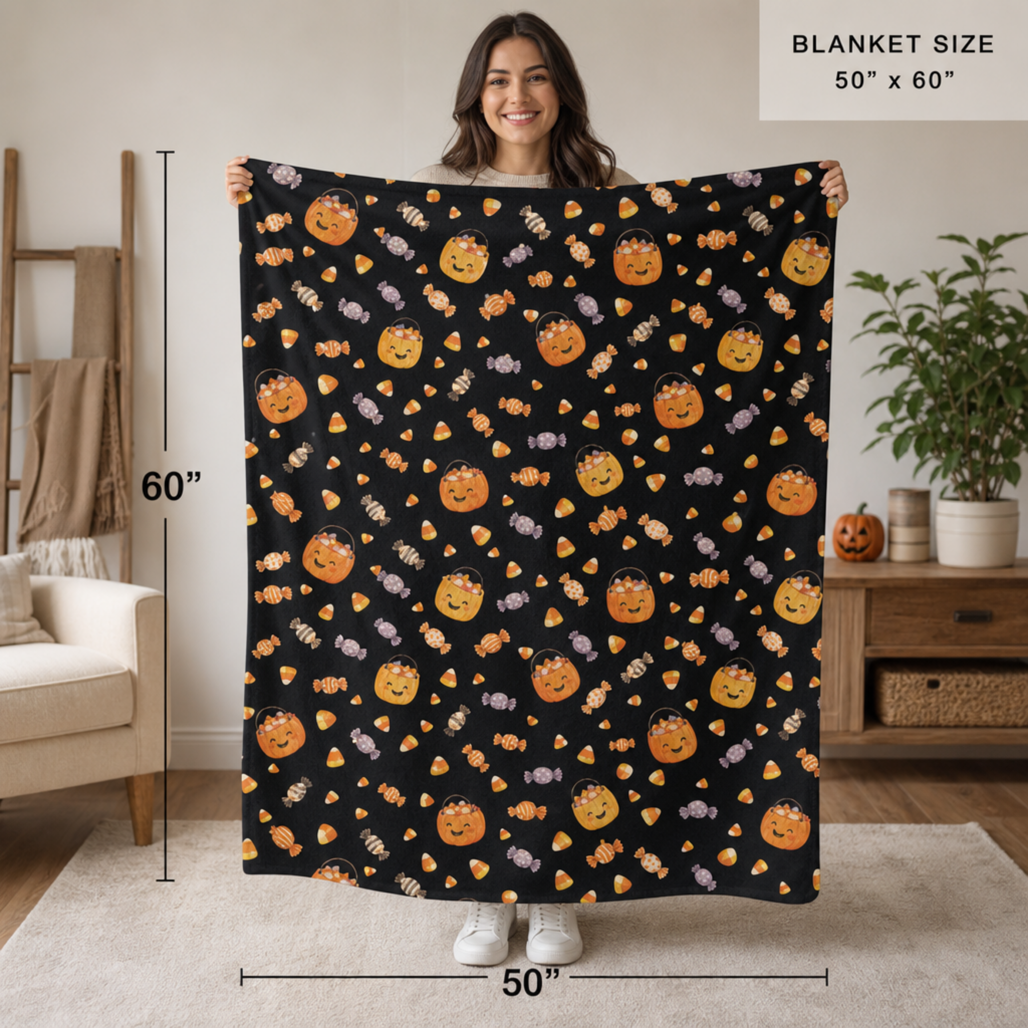 Cute Jack-o'-Lantern Candy Pattern Sherpa Blanket | Halloween Fleece Throw