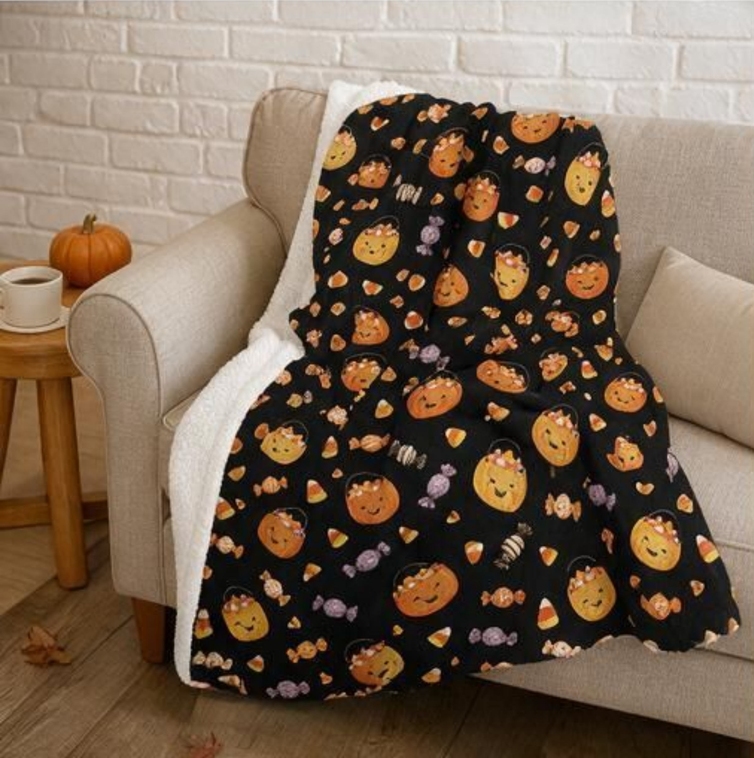 Cute Jack-o'-Lantern Candy Pattern Sherpa Blanket | Halloween Fleece Throw
