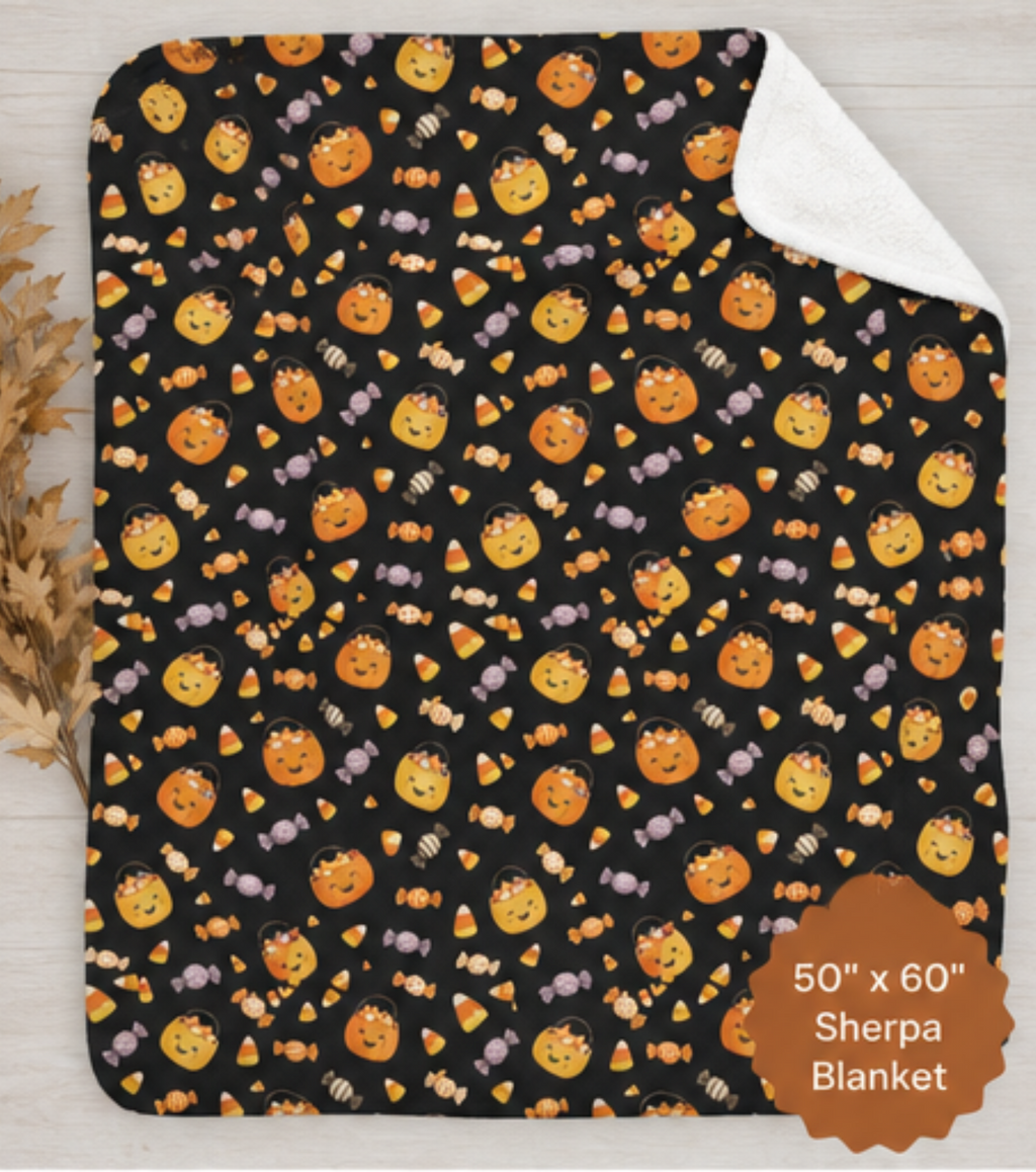 Cute Jack-o'-Lantern Candy Pattern Sherpa Blanket | Halloween Fleece Throw