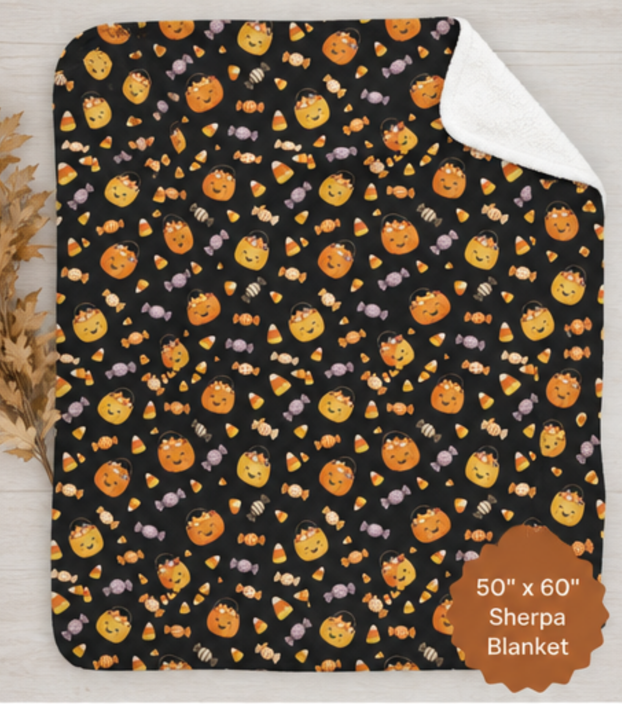 Cute Jack-o'-Lantern Candy Pattern Sherpa Blanket | Halloween Fleece Throw