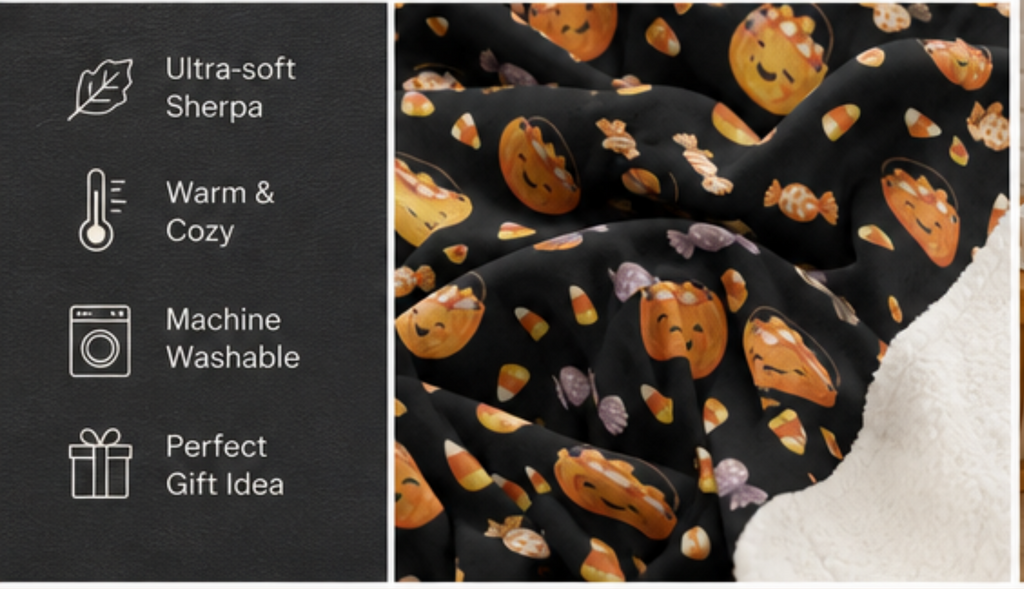 Cute Jack-o'-Lantern Candy Pattern Sherpa Blanket | Halloween Fleece Throw