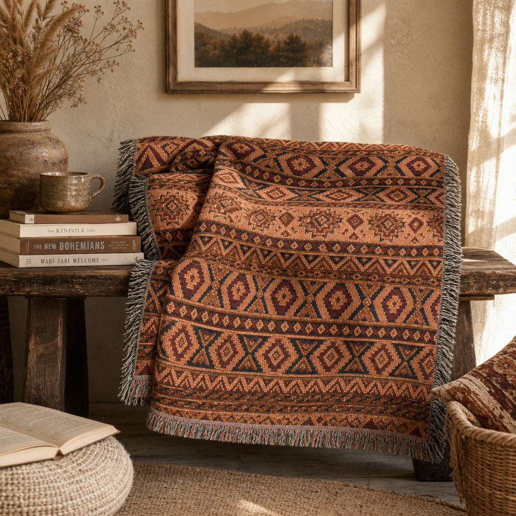 Boho Woven Throw Blanket, Southwestern Geometric Blanket, Rustic Couch Throw, Terracotta Tribal Home Decor