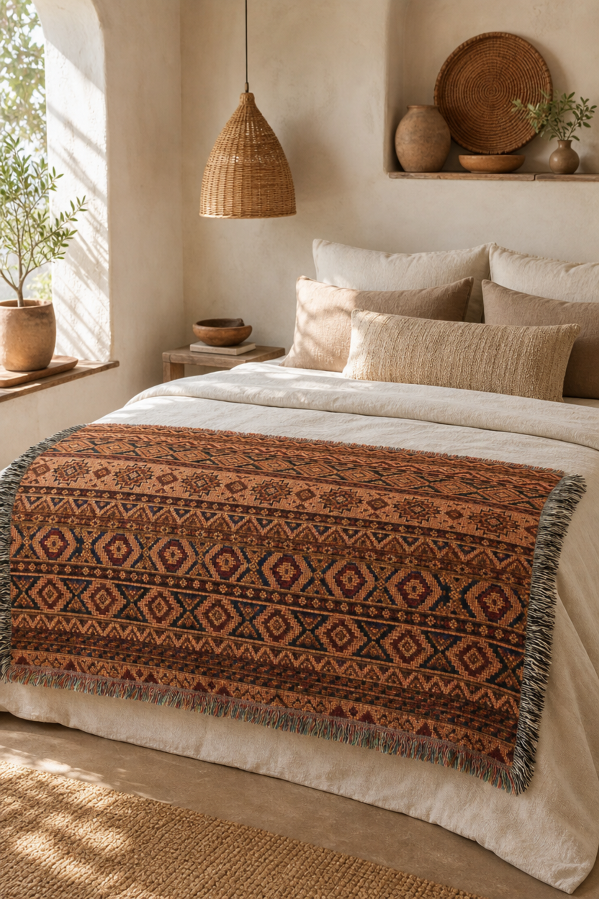 Boho Woven Throw Blanket, Southwestern Geometric Blanket, Rustic Couch Throw, Terracotta Tribal Home Decor