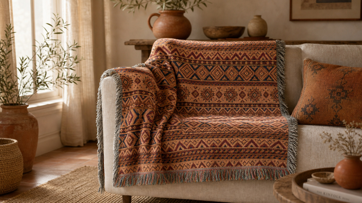 Boho Woven Throw Blanket, Southwestern Geometric Blanket, Rustic Couch Throw, Terracotta Tribal Home Decor