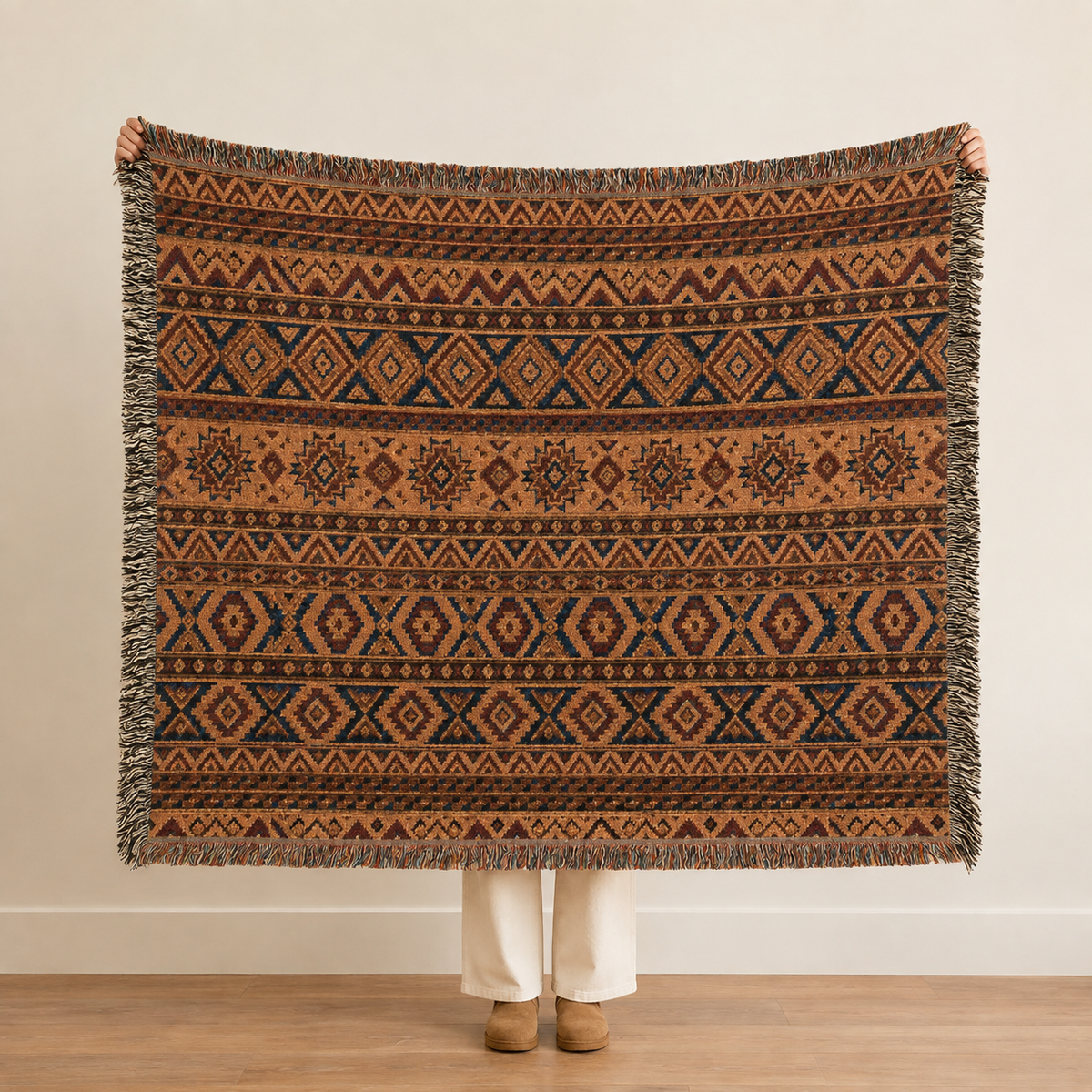 Boho Woven Throw Blanket, Southwestern Geometric Blanket, Rustic Couch Throw, Terracotta Tribal Home Decor