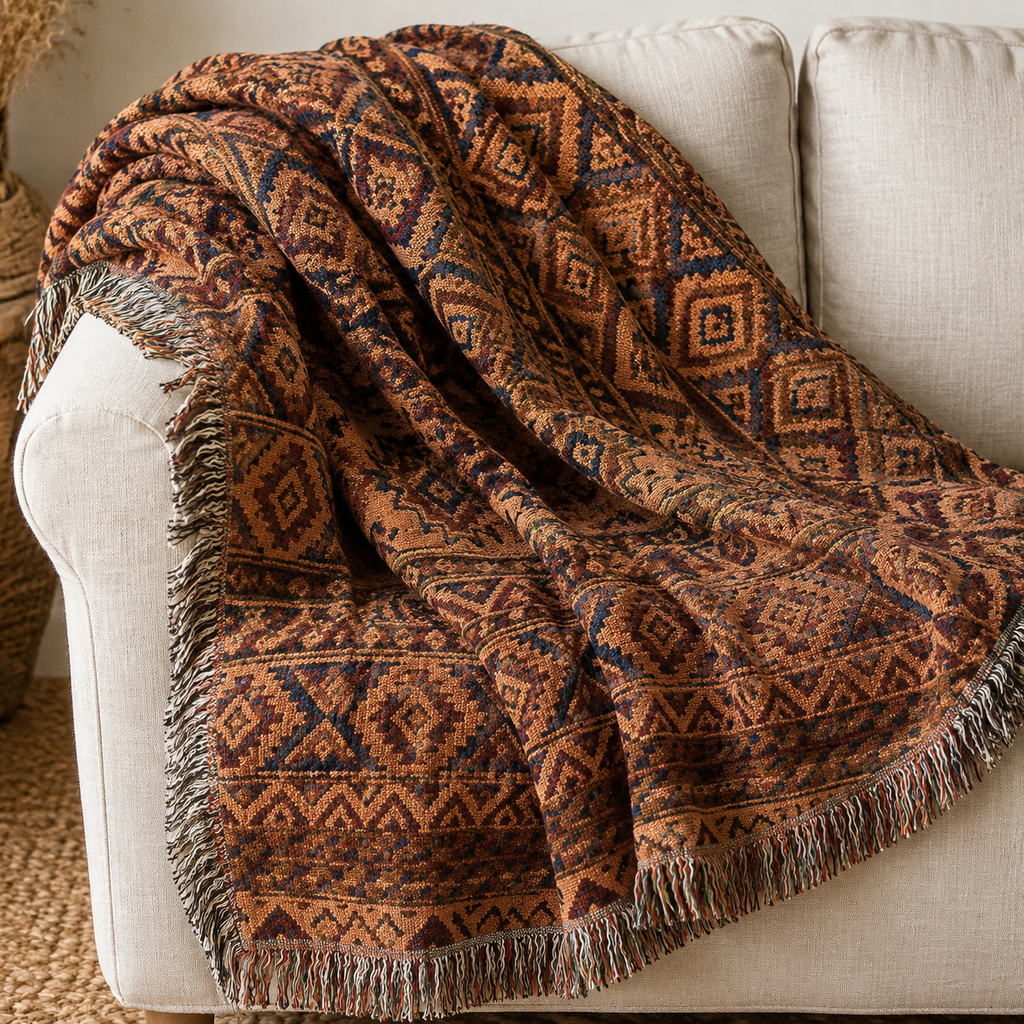 Boho Woven Throw Blanket, Southwestern Geometric Blanket, Rustic Couch Throw, Terracotta Tribal Home Decor