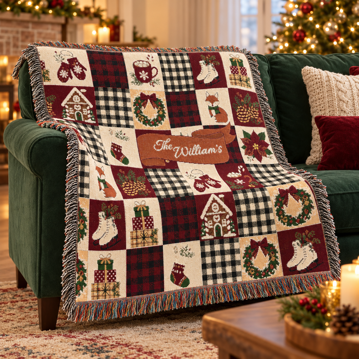 Personalized Christmas Family Name Woven Throw Blanket
