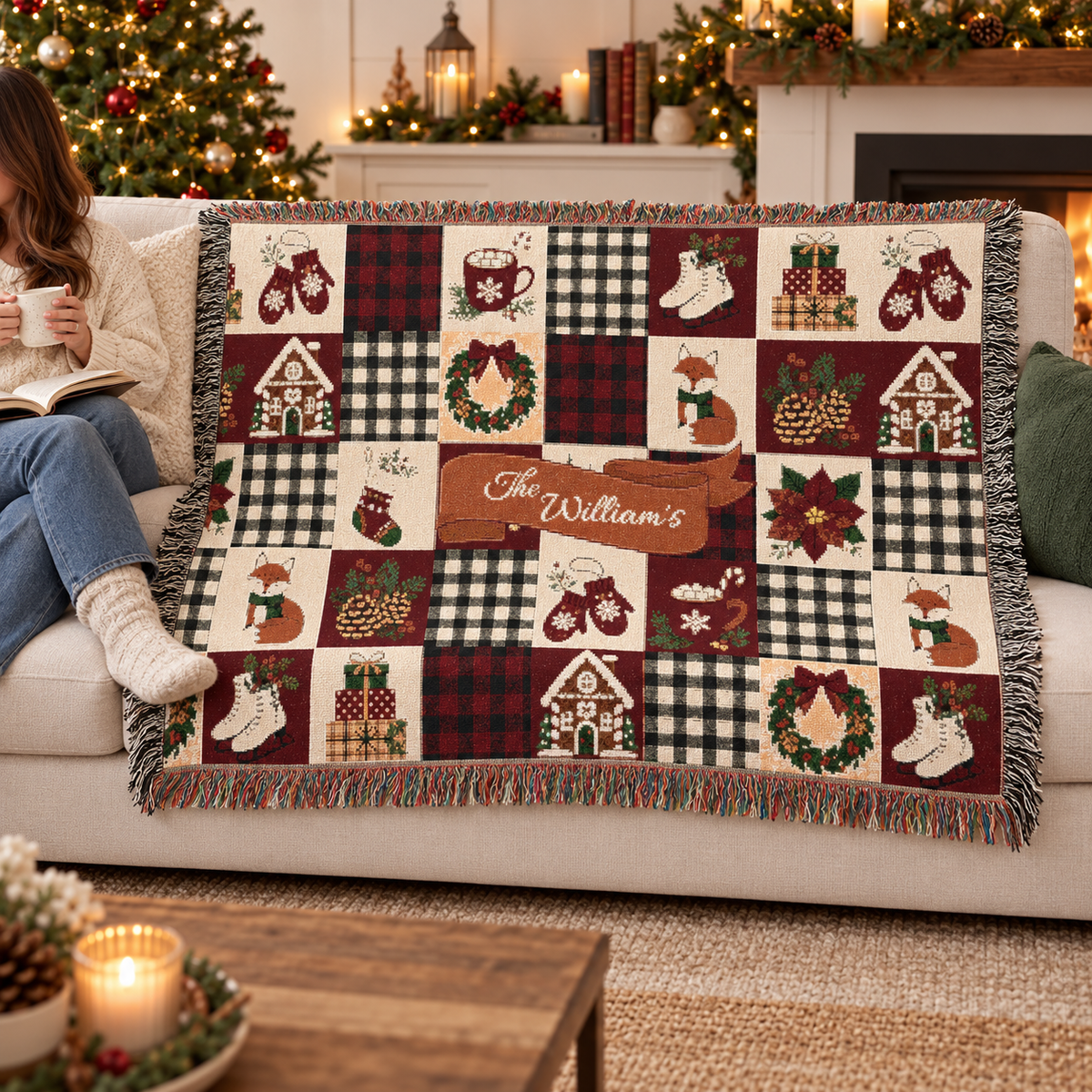 Personalized Christmas Family Name Woven Throw Blanket