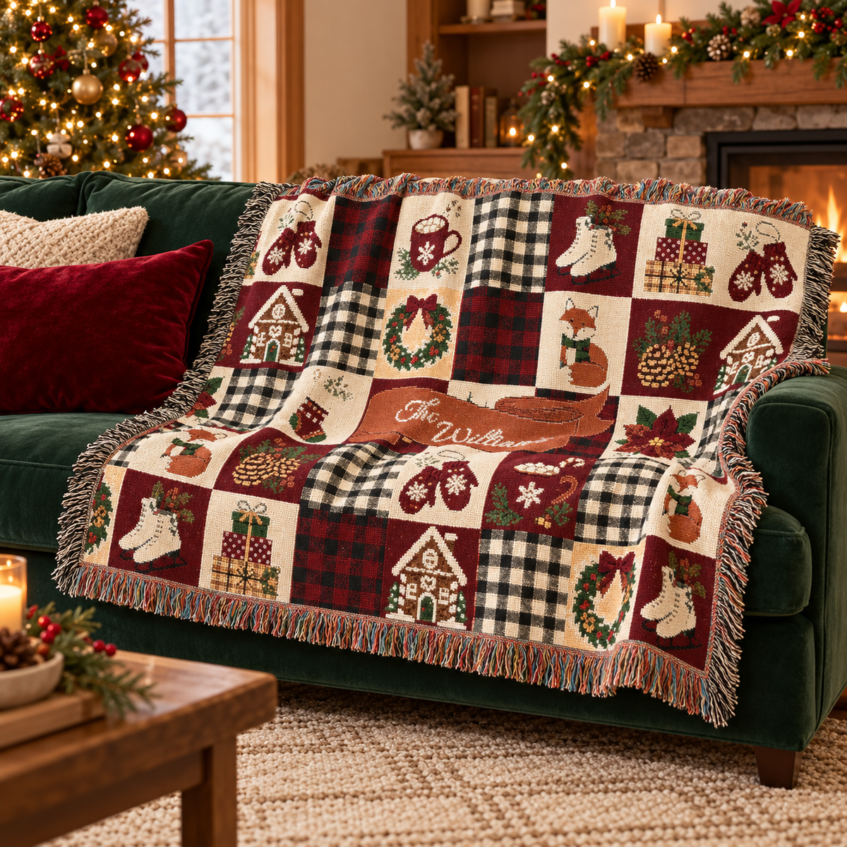 Personalized Christmas Family Name Woven Throw Blanket