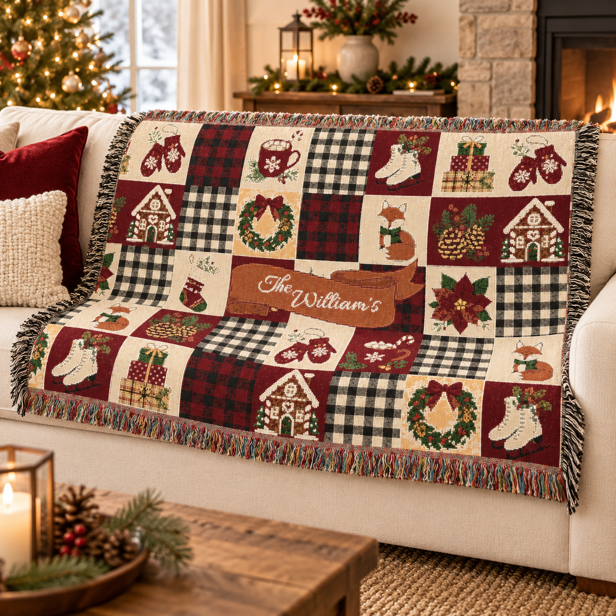 Personalized Christmas Family Name Woven Throw Blanket