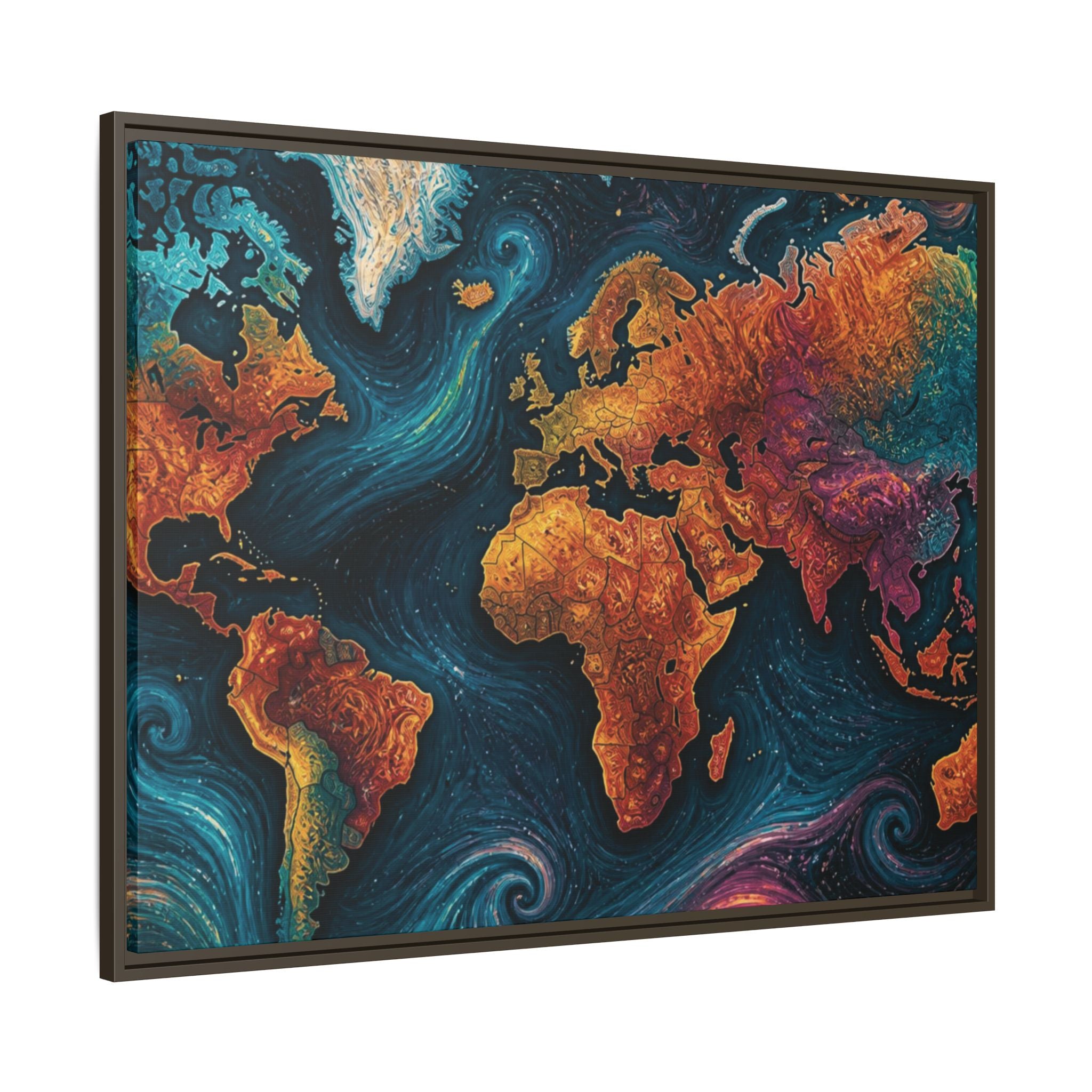 Abstract World Map Matte Canvas Framed | Colorful Earth Map Wall Art