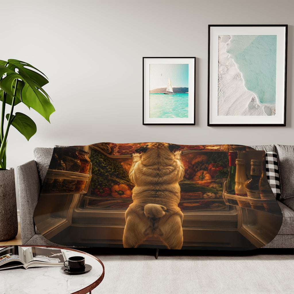 Curious Pug Fridge Scene Sherpa Blanket | Funny Dog Illustration, Cozy Throw