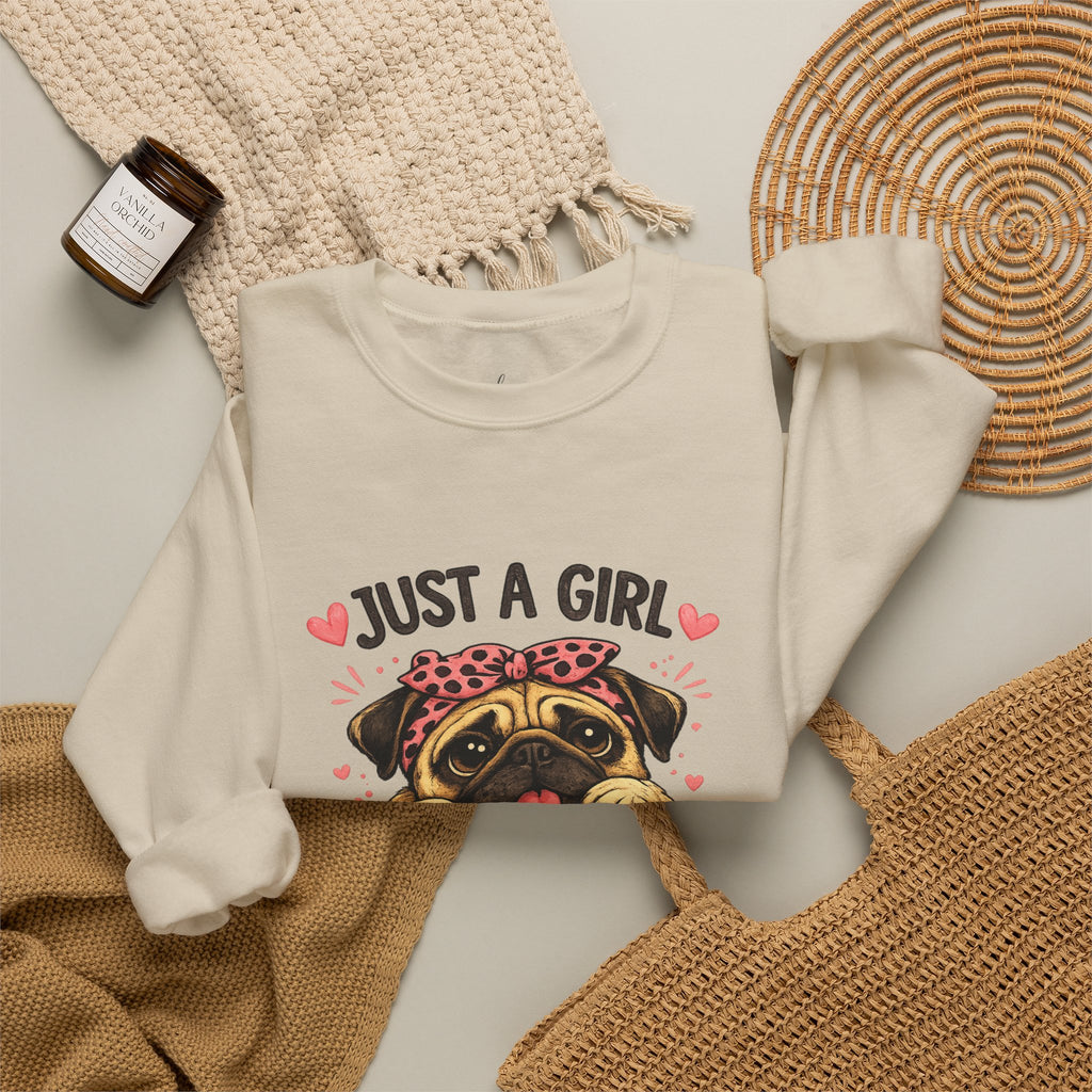 Pug Lover Sweatshirt — "Just a Girl Who Loves Pugs" Cute Pug Graphic Crewneck