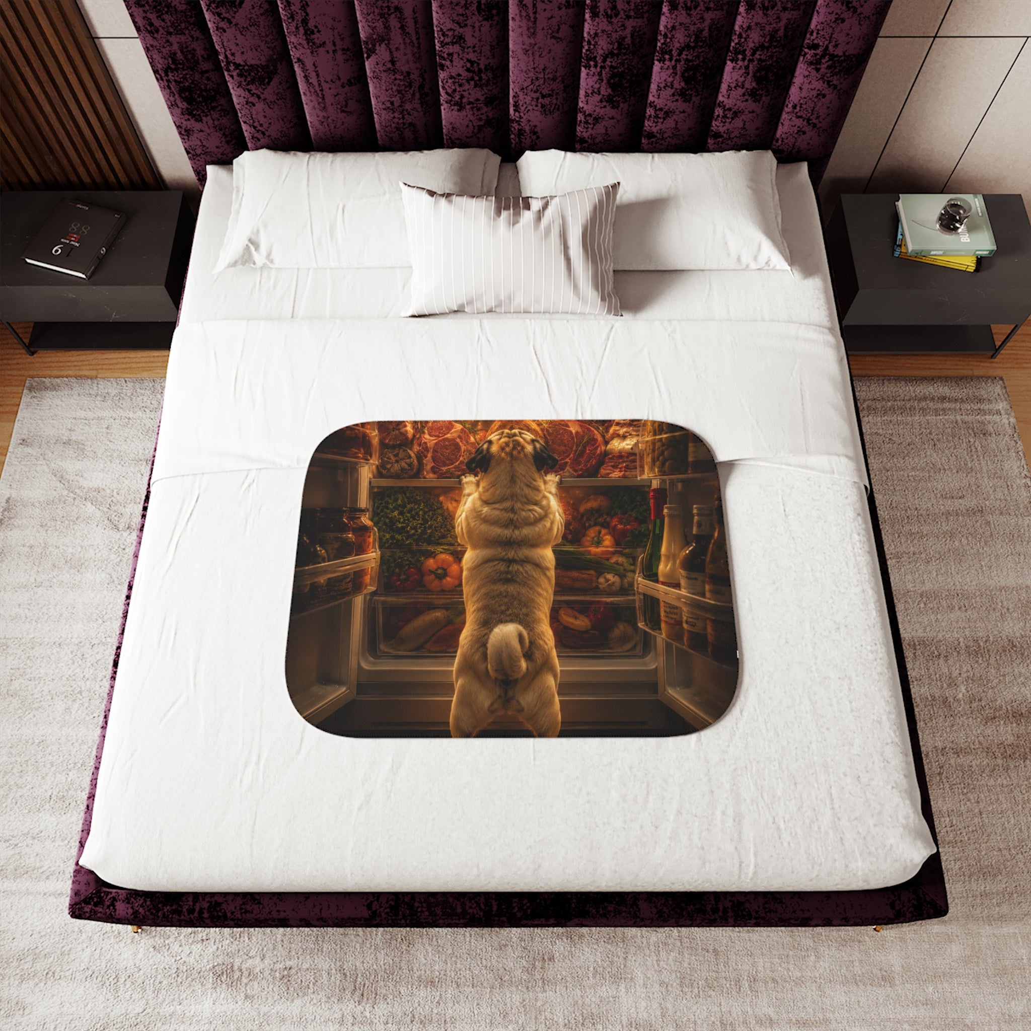 Curious Pug Fridge Scene Sherpa Blanket | Funny Dog Illustration, Cozy Throw