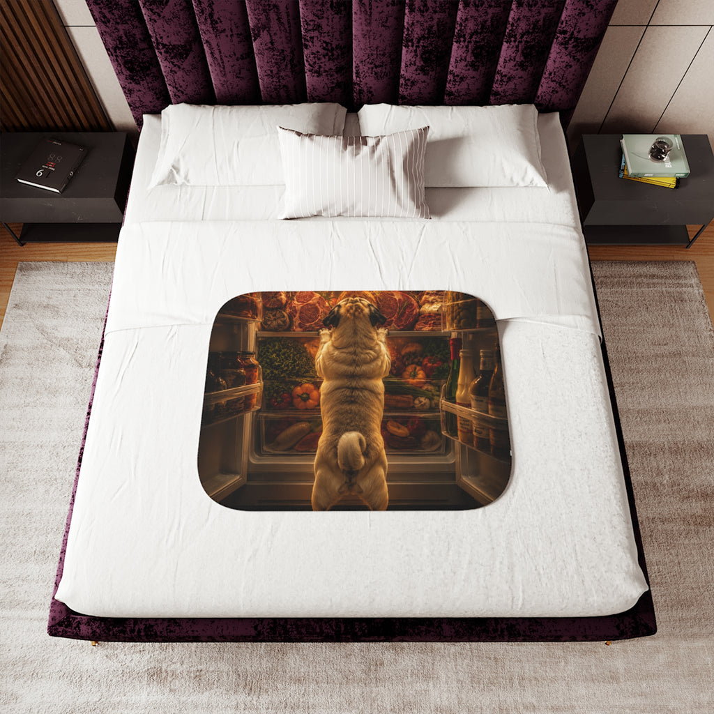 Curious Pug Fridge Scene Sherpa Blanket | Funny Dog Illustration, Cozy Throw