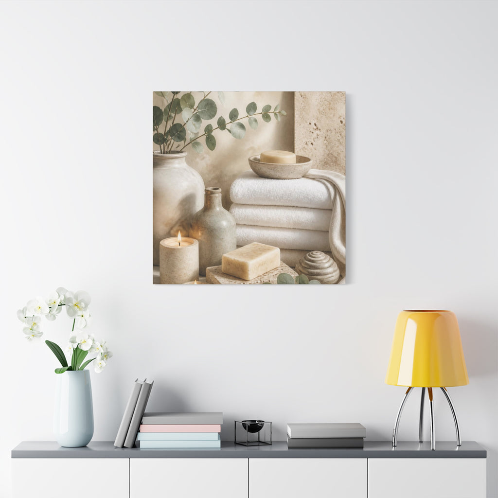 Spa Bathroom Canvas Wall Art – Neutral Towels, Candles & Eucalyptus Stretched Matte Canvas