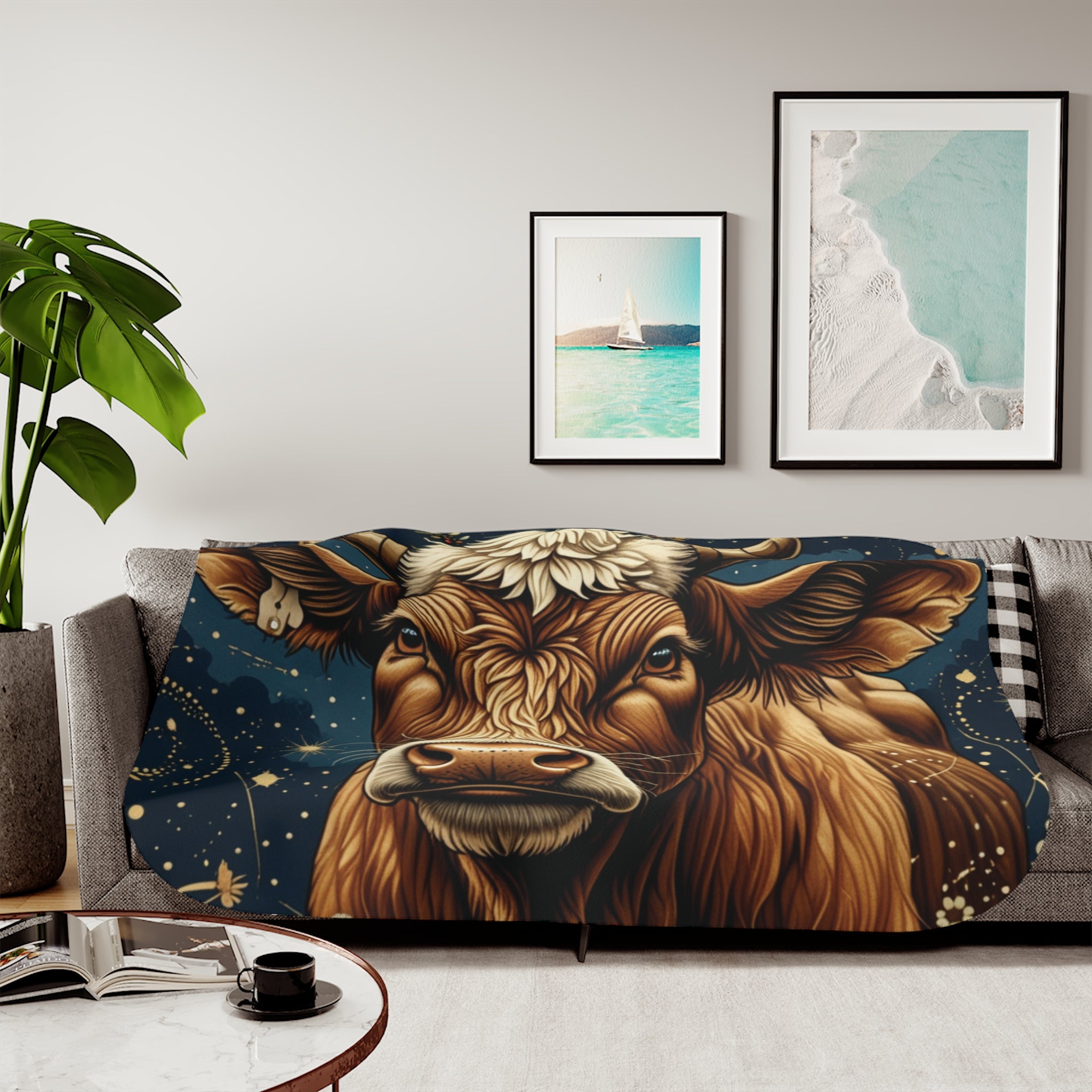 Brown Cow Illustration Sherpa Blanket | Rustic Farmhouse Animal Throw