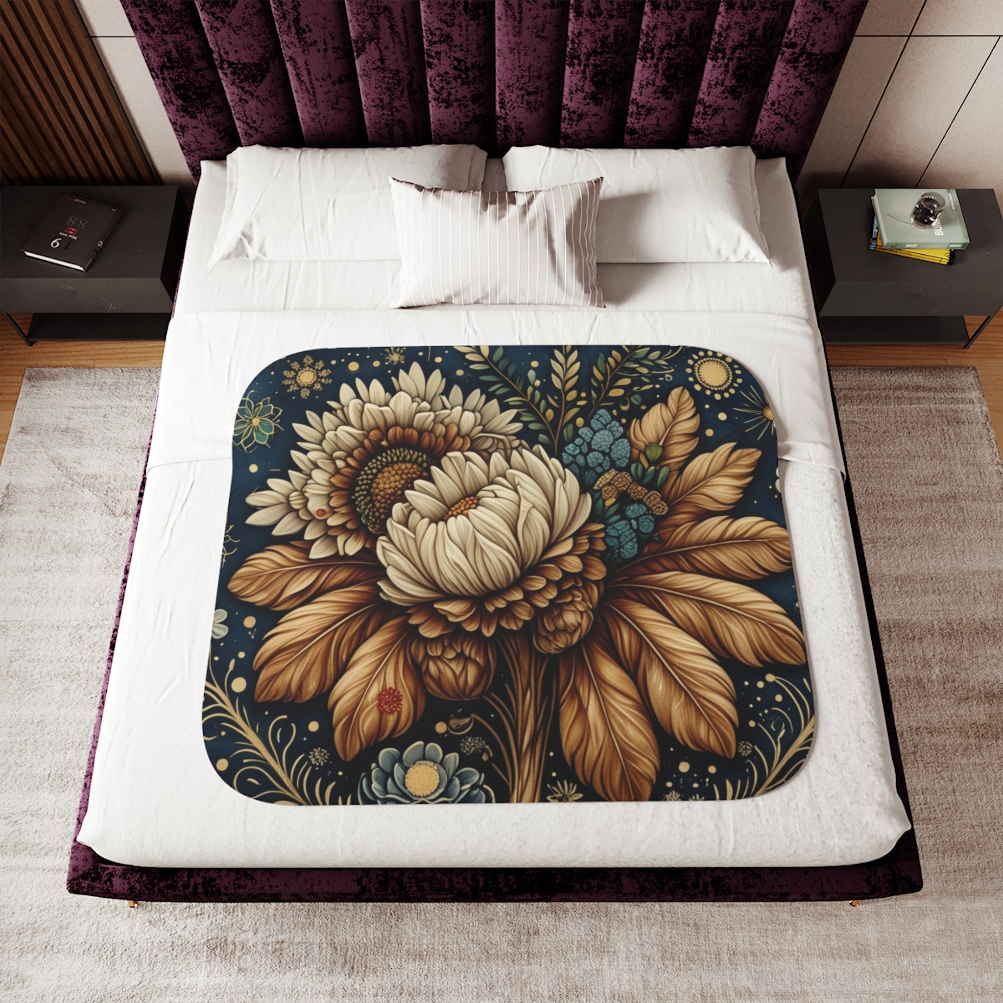 Vintage Sunflower Bouquet Sherpa Blanket | Floral Boho Throw