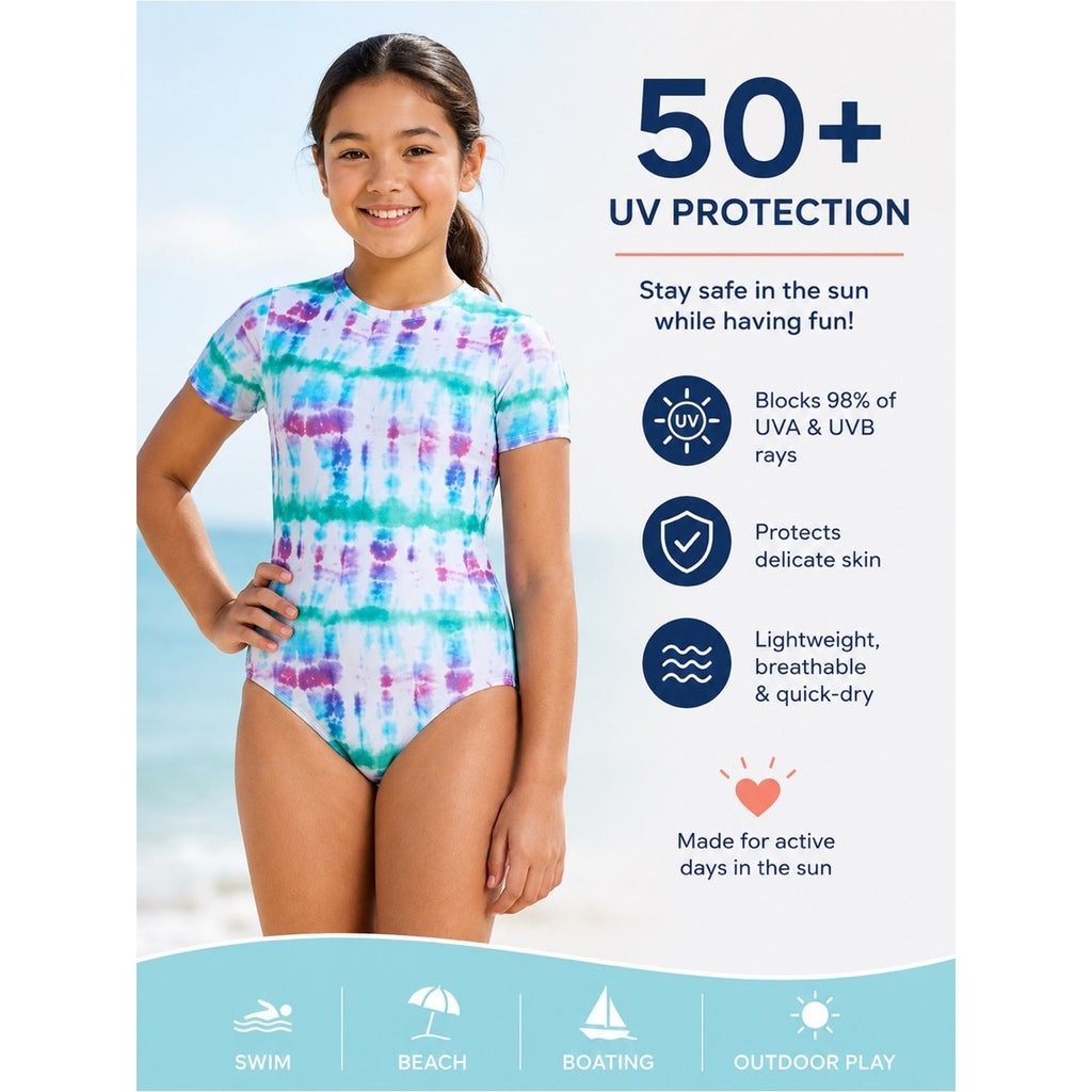 2 Piece DSG Kids Tie-Dye Short Sleeve Rash Guard in Blue, Green & Pink