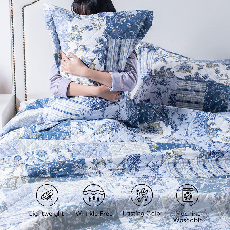 Kasentex Lightweight Floral Quilt Set - Soft All Season Bedspread Coverlet, Blue Vintage