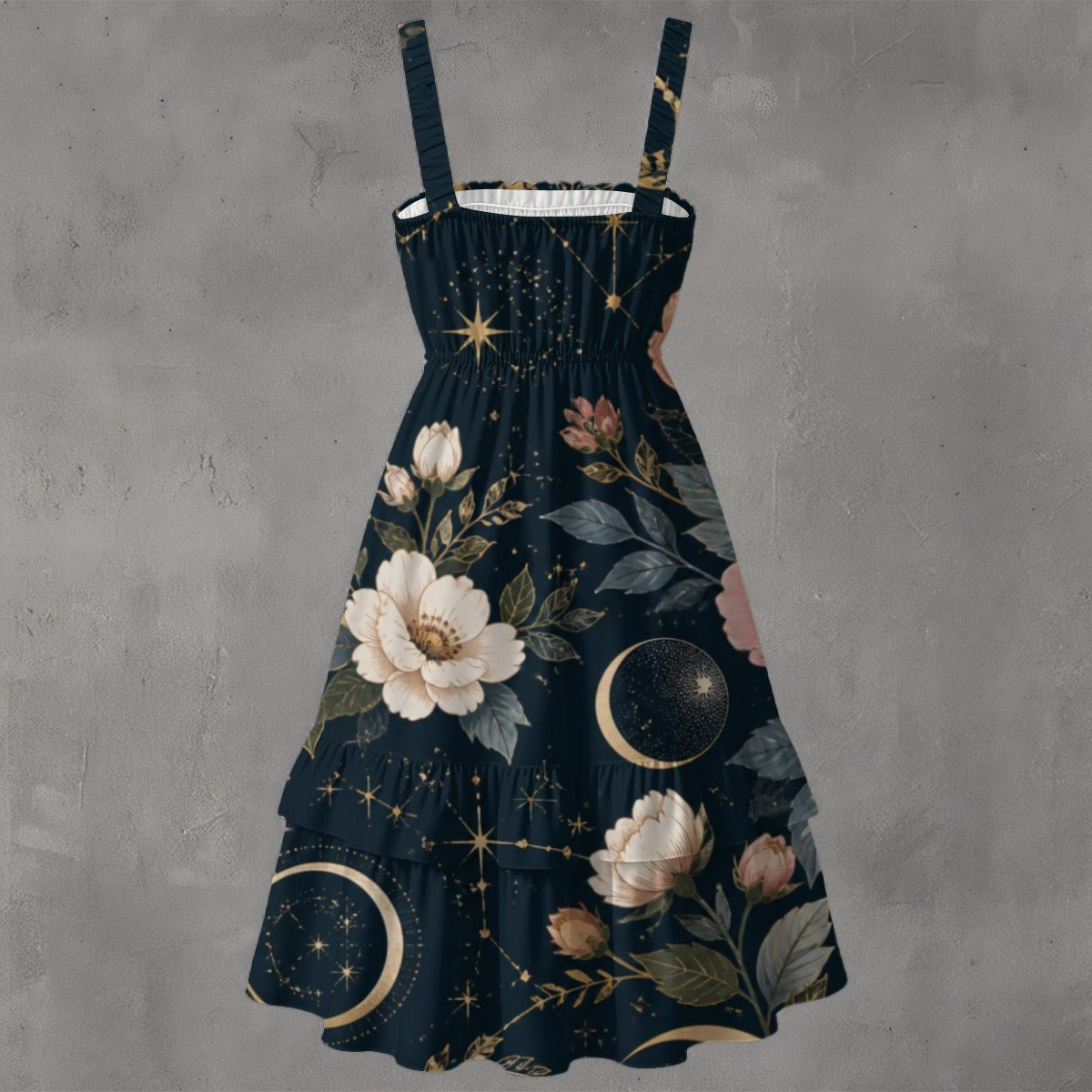 Celestial Floral Moon & Peony Cottagecore Midi Dress