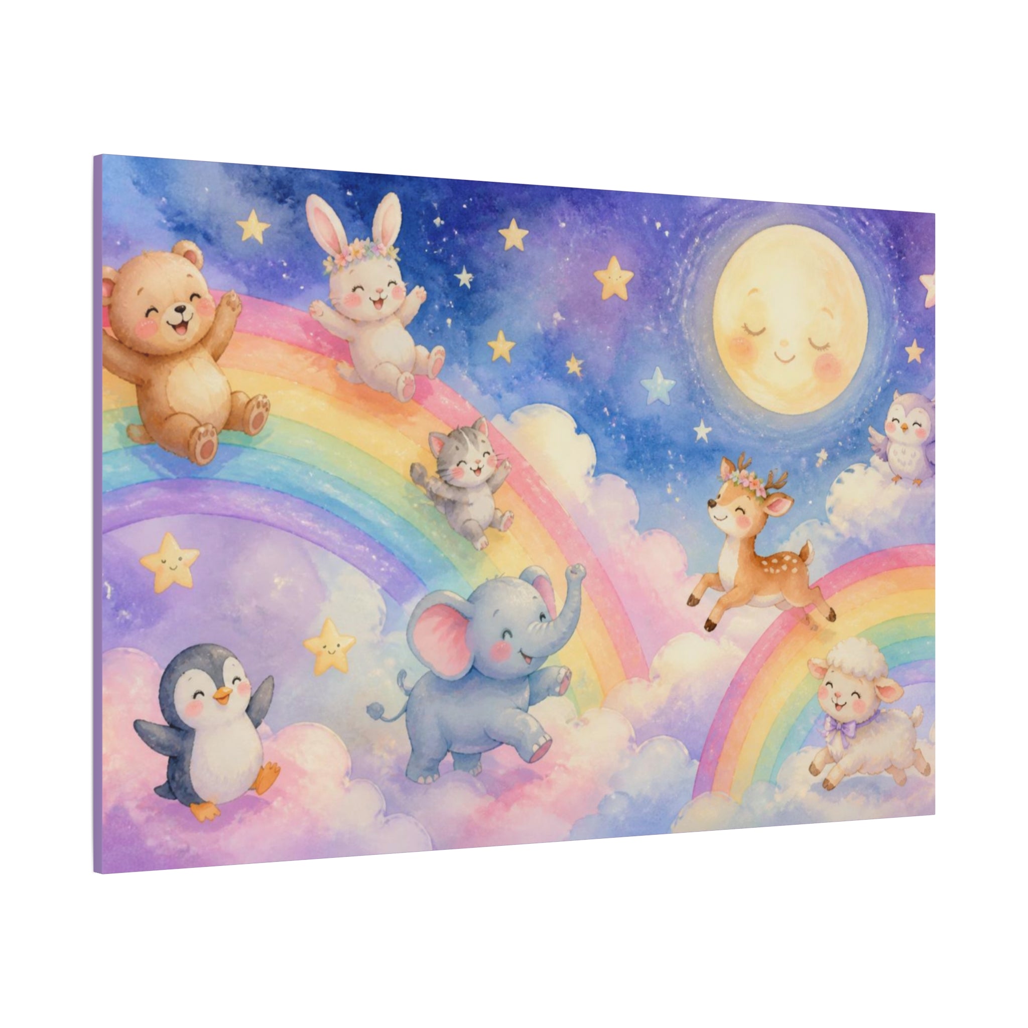 Sleepy Moon and Rainbow Animals Matte Canvas