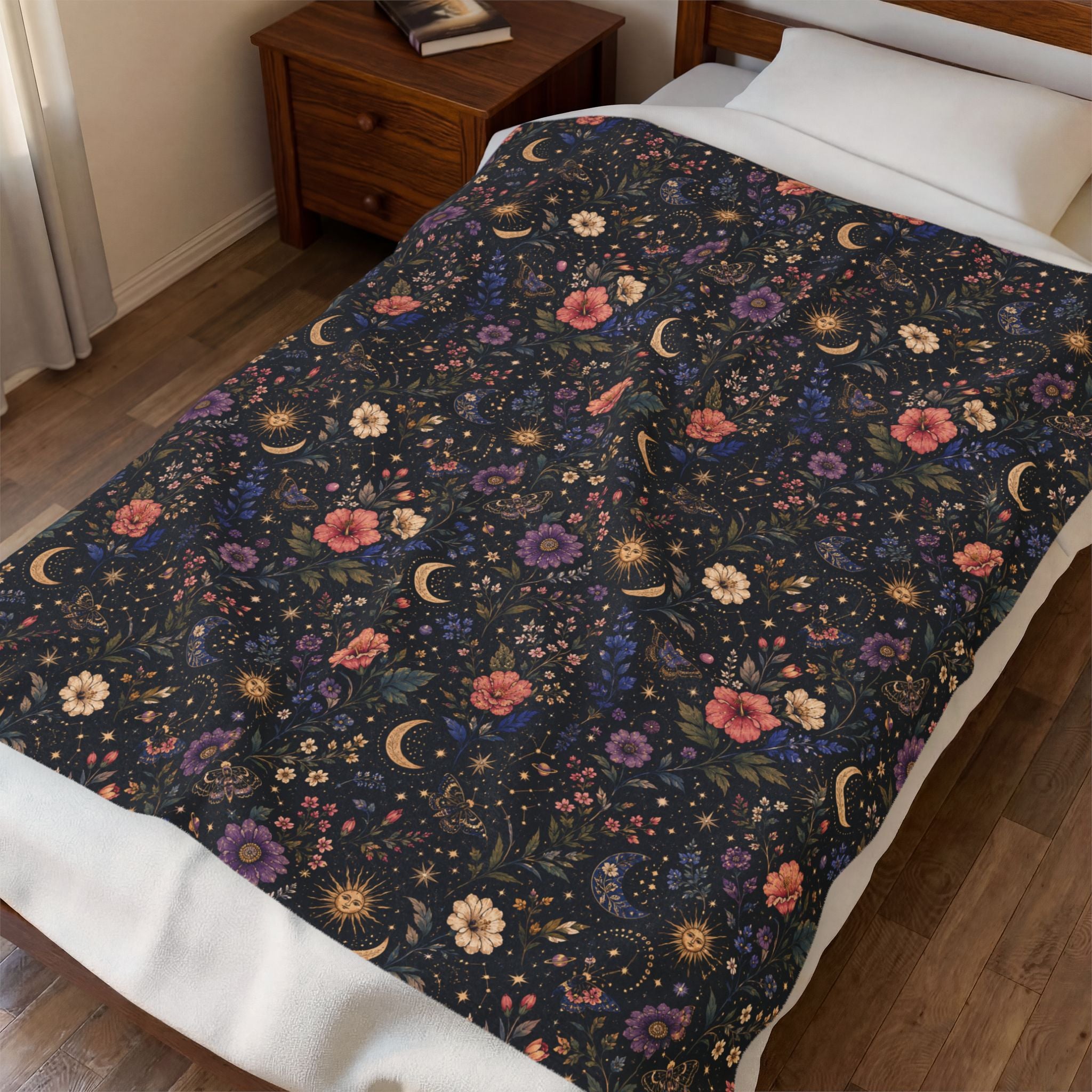 Celestial Floral Moon Velveteen Plush Blanket