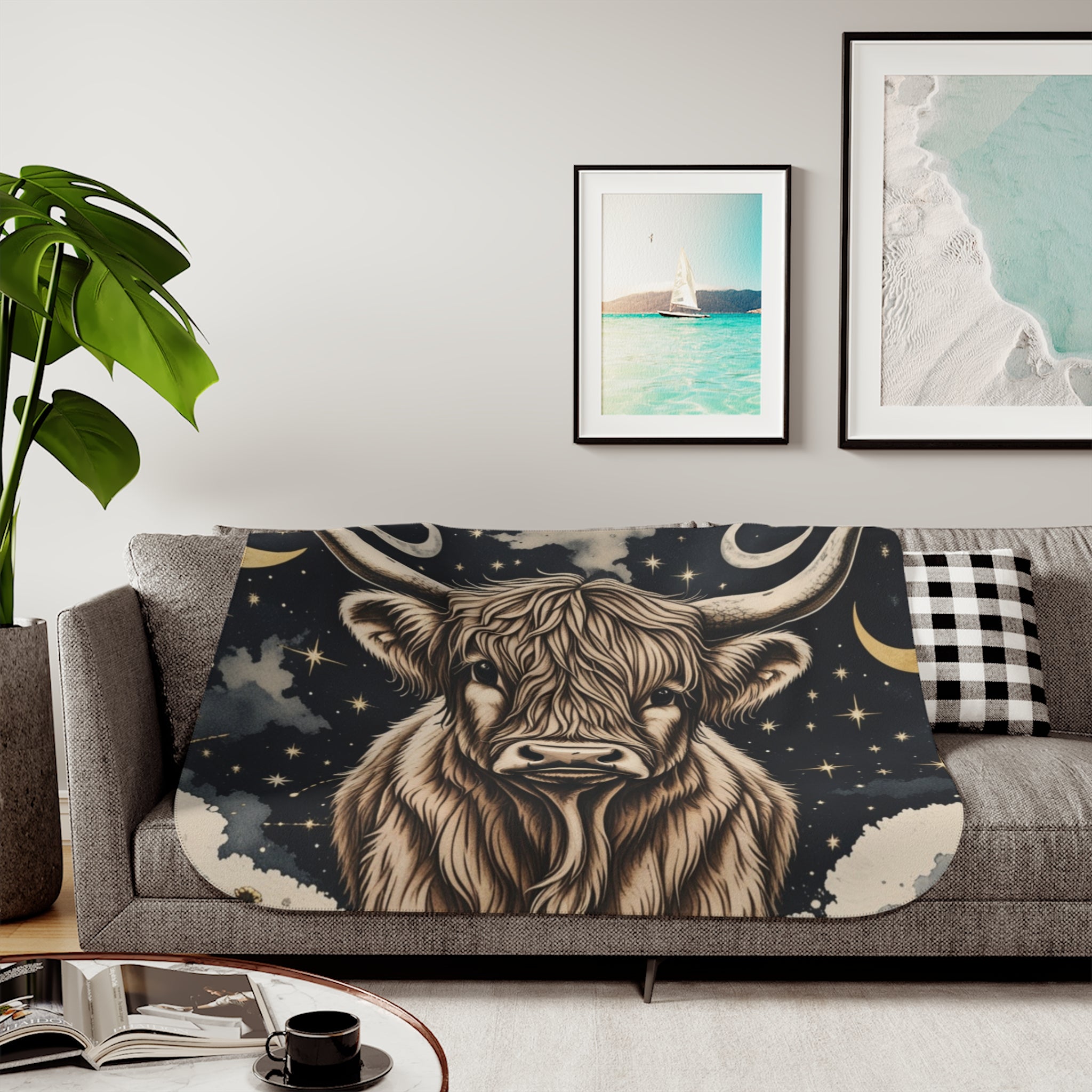 Highland Cow Sherpa Blanket – Cozy Celestial Bull Throw